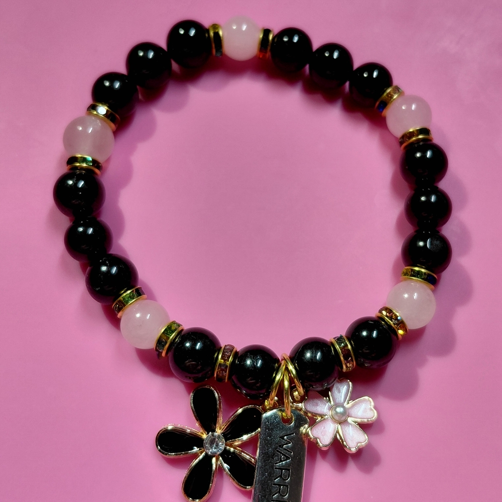 Black Tourmaline & Rose Quartz Bracelet with Flower & Warrior Charms - Picture 2 of 4